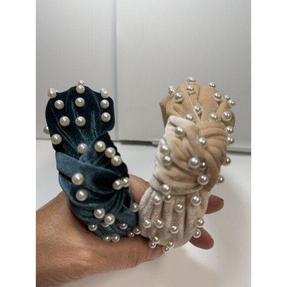 Velvet Top Knot Faux Pearl Embellished Headband Bundle Lot Of 2 Cream & Teal New - Picture 4 of 6